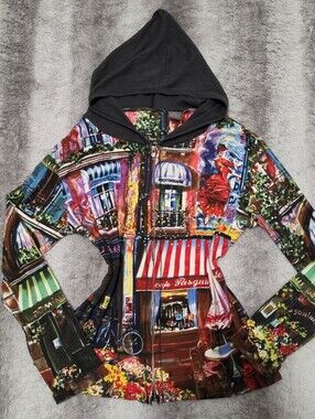 Early 2000s Parisian Street Scene Allover Print Zip Hoodie Large